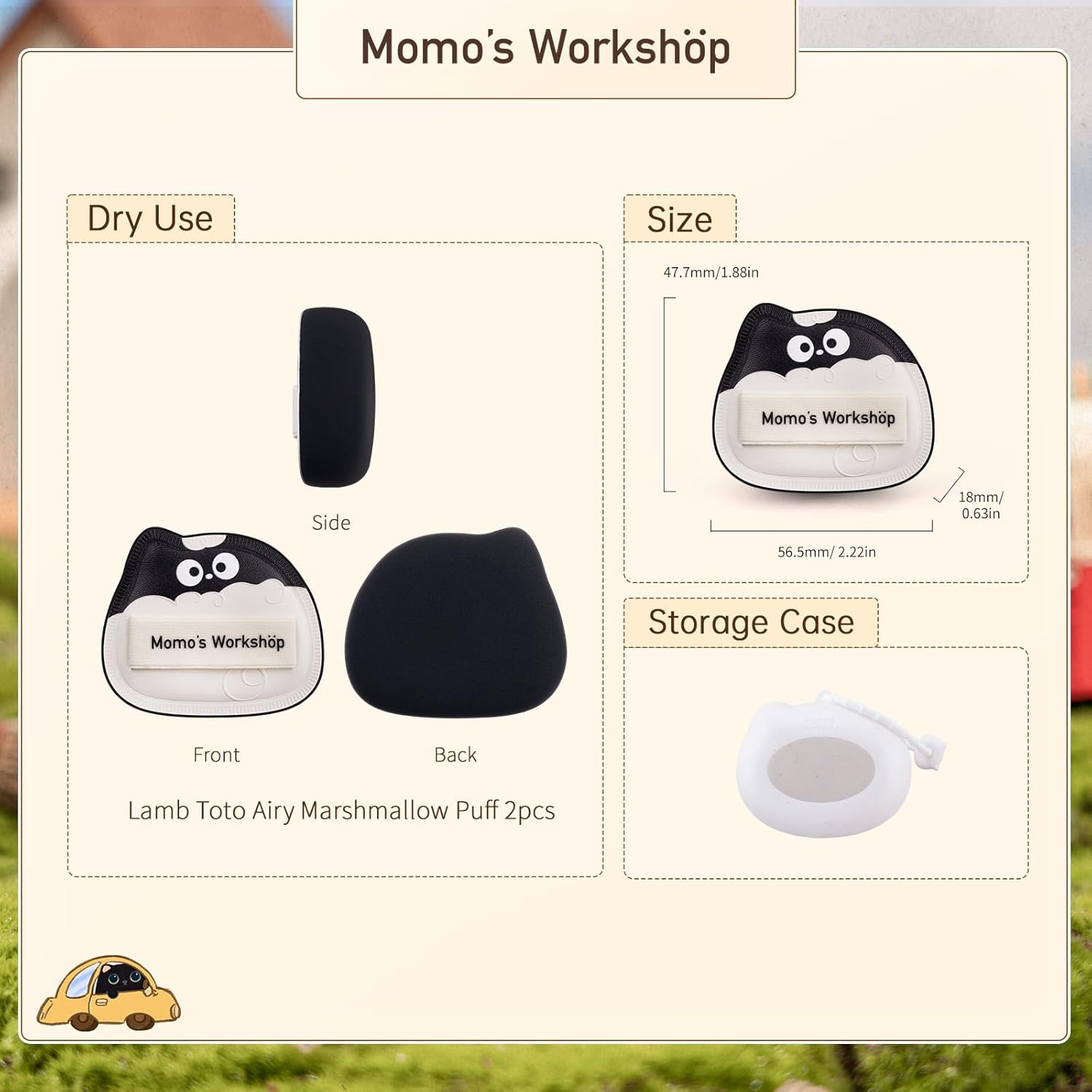 Lamb Toto Airy Marshmallow Puff,Makeup Sponge,Rubycell Material,Pointed Tip for Concealer + Flat Side for Foundation, Longwear Makeup, Travel Friendly & Reusable,2pcs Puffs & Storage Case-BrightBean Baby