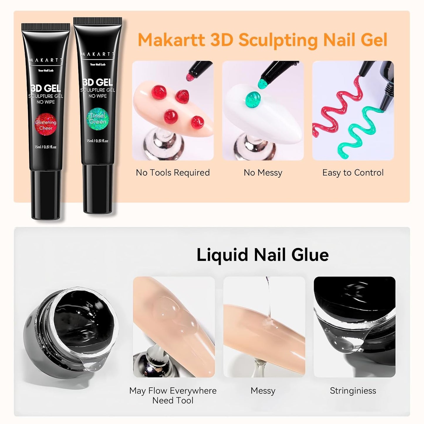 Makartt 3D Sculpting Gel for Nail Art Kit: 3D Nail Gel for Nail Art, 15ml No Wipe Polish for Molding Drawing, Embossed Gels for Nail DIY Manicure - Glistening Cheer & Tinsel Green (2PCS)-BrightBean Baby
