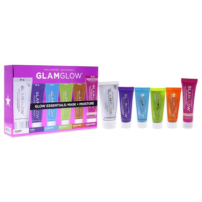 GLAMGLOW Glow Essentials Mask + Moisture Travel Set - SUPERMUD (0.7 oz), GLOWSTARTER NUDE (0.5 oz), GRAVITYMUD (0.35 oz), THRISTYMUD (0.35 oz), POWERMUD (0.35 oz) & FLASHMUD (0.35 oz)-BrightBean Baby
