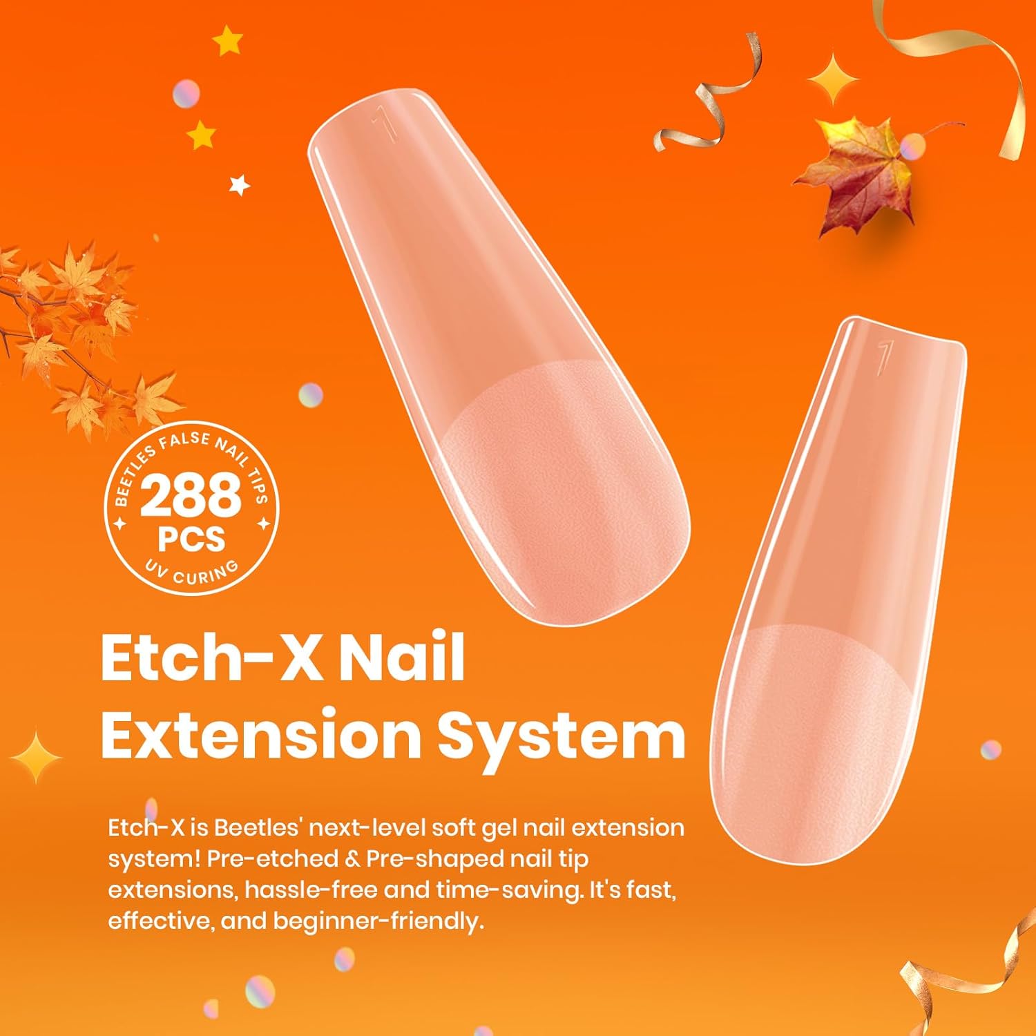 Beetles Gel Nail Tips Etch-X, Square Medium, 288Pcs 12 Sizes, Pre-Etched Half Matte Soft Acrylic False Nail Tips Full Cover Easy DIY Fake Press On Fall Nail Extension Salon Gift for Women-BrightBean Baby
