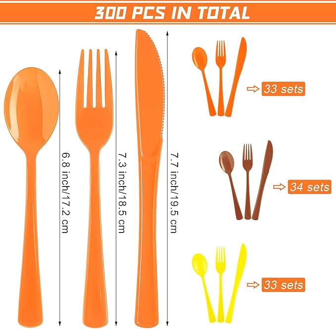 300 Pieces Thanksgiving Plastic Silverware Fall Heavy Duty Utensils Set Heavyweight Disposable Flatware Includes Orange Yellow Brown Spoons Forks Knives for Thanksgiving Dinner Party Supplies