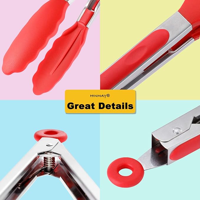 Silicone Cooking Tongs 9-Inch Serving Tongs, Set of 3 (Red)
