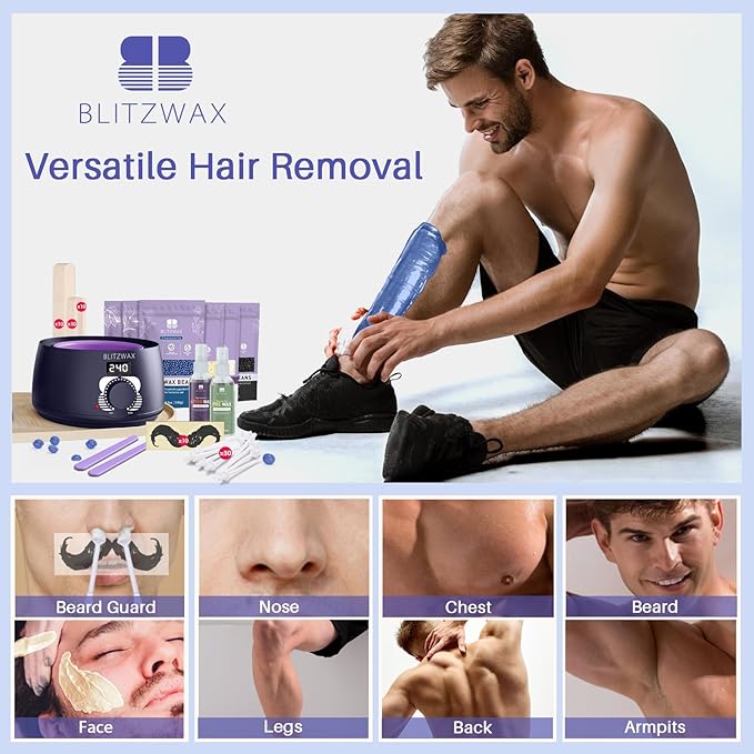 BLITZWAX Brazilian and Bikini Waxing Kit for Men, Hard Wax Warmer for Face, Legs, and Body, At Home Hair Removal Kit, Beginner Friendly, Quick Heating, 30 Nose Wax Sticks-BrightBean Baby