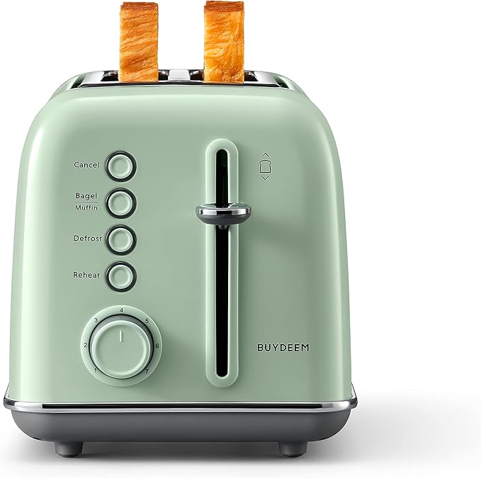 BUYDEEM DT620 2-Slice Toaster, Extra Wide Slots, Retro Stainless Steel with High Lift Lever, Bagel and Muffin Function, Removal Crumb Tray, 7-Shade Settings,Cozy Greenish