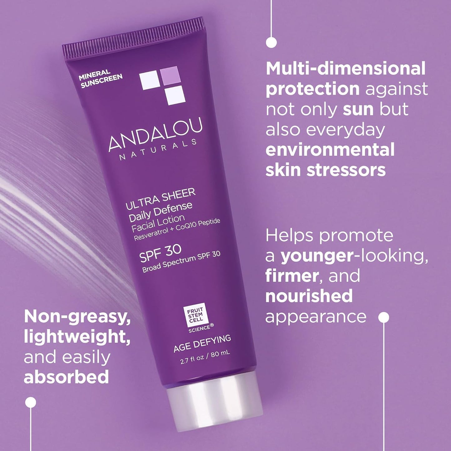 Andalou Naturals Age Defying Ultra Sheer Daily Defense Mineral Sunscreen SPF 30 | Face Lotion with Zinc Oxide | Lightweight Anti-Aging Sun Protection | 2.7 fl oz-BrightBean Baby