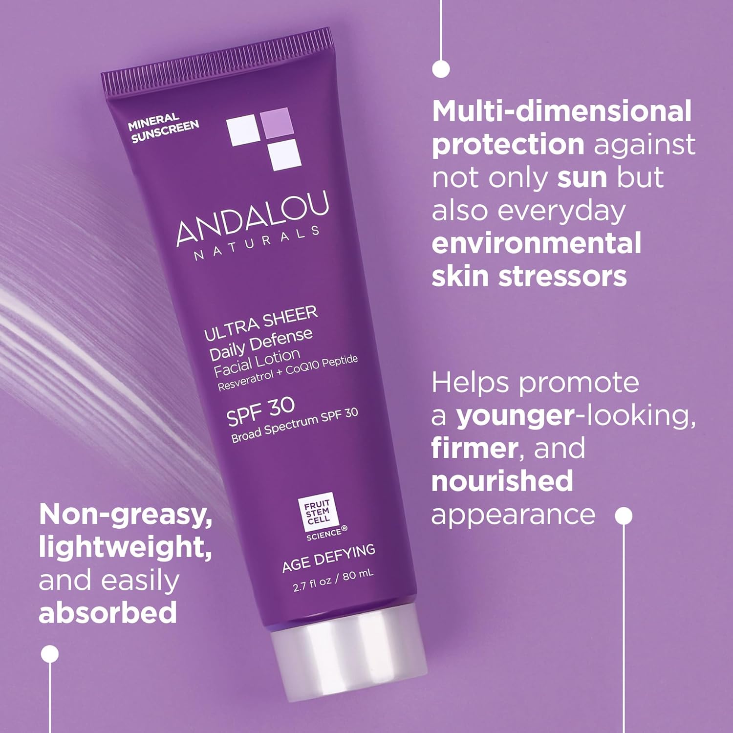 Andalou Naturals Age Defying Ultra Sheer Daily Defense Mineral Sunscreen SPF 30 | Face Lotion with Zinc Oxide | Lightweight Anti-Aging Sun Protection | 2.7 fl oz-BrightBean Baby