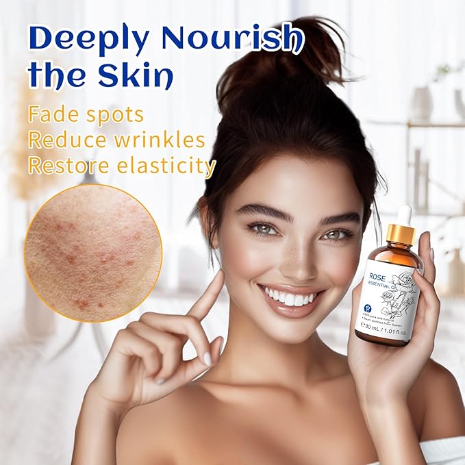 HIQILI Rose Essential Oil 1 Fl Oz, 100% Natural Therapeutic Grade for Aromatherapy, Diffuser, Skin Care, Massage, Includes Premium Quality Glass Dropper-BrightBean Baby