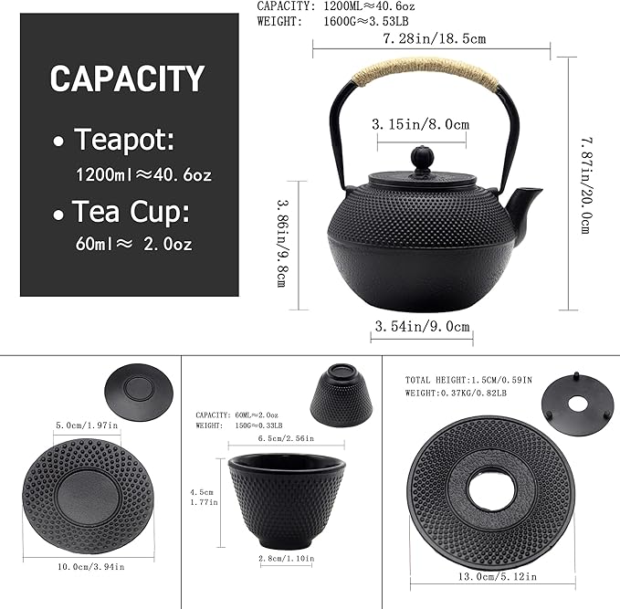 YJX 40.6 fl oz Cast Iron Teapot Set, Japanese Tetsubin Tea Set with Cast Iron Teacups, Small Tea Kettle Set with Strainer for Loose Tea, Enameled Interior (1200ml Tea Set with Cups and Saucers)