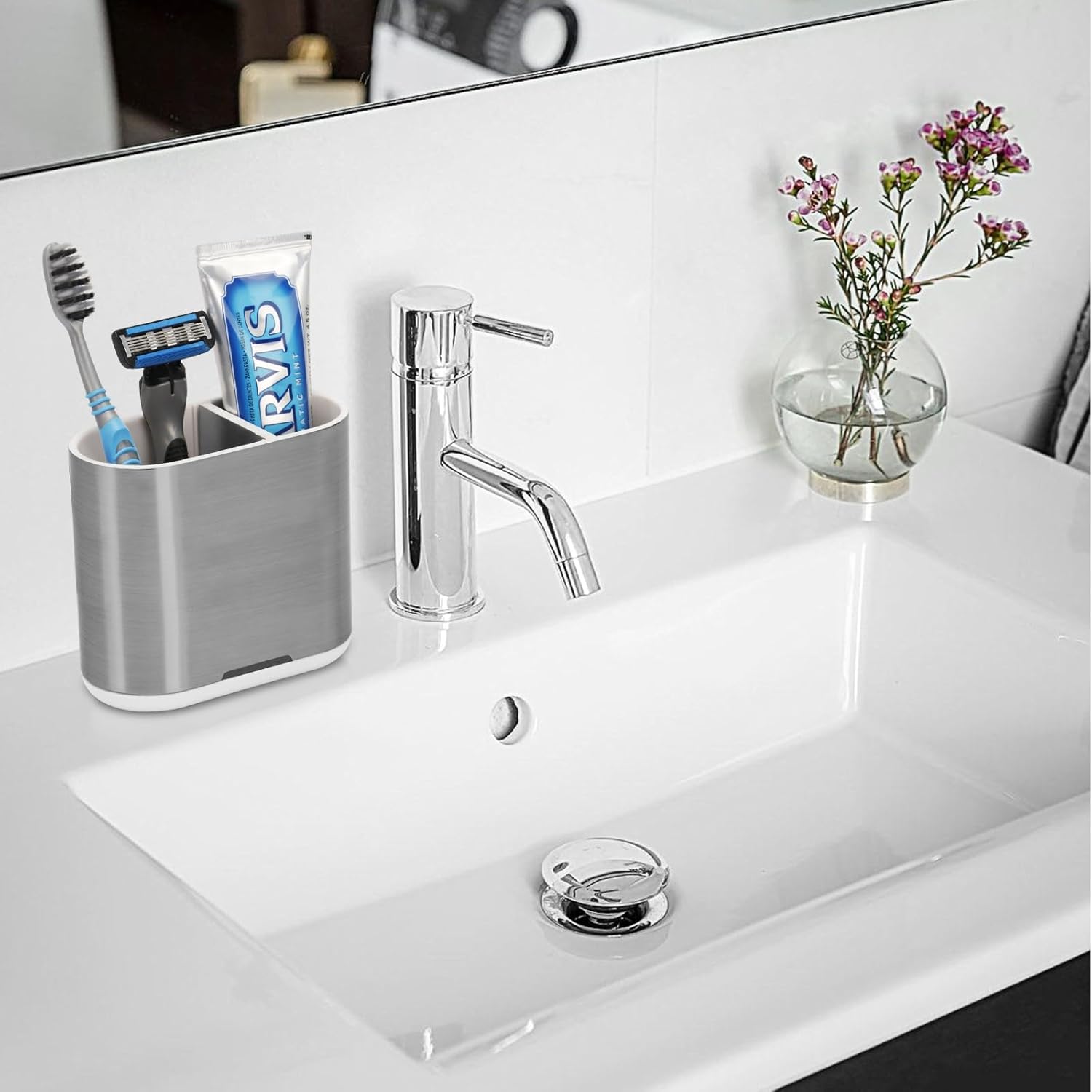 Toothbrush and Toothpaste Holder with Divider for Bathroom Countertop Organizer, 2 Slots Electric Toothbrush Holders Storage Caddy Drainage for Family, Kids (Brushed Silver)-BrightBean Baby