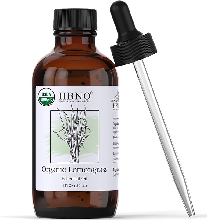 HBNO Organic Lemongrass Essential Oil - Huge 4 oz (120ml) Value Size - USDA Certified Organic Lemongrass Essential Oil, Perfect for Aromatherapy, Soap Making, DIY, Diffuser-BrightBean Baby