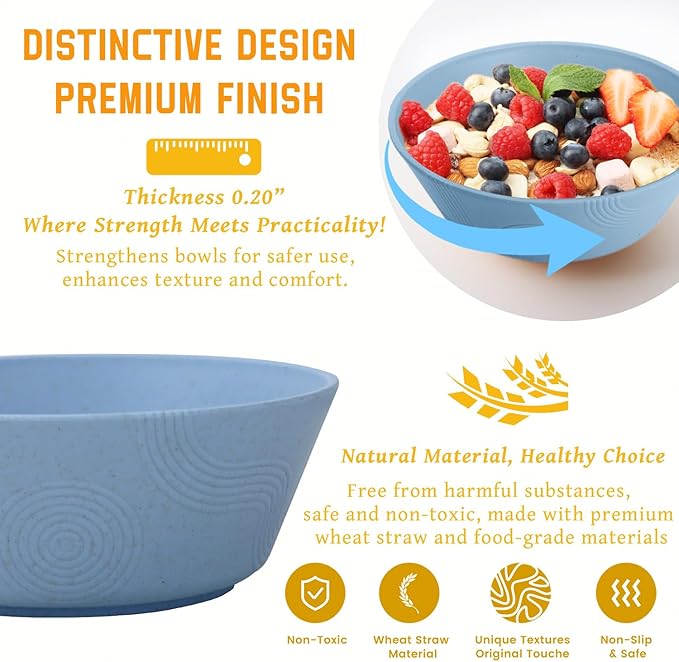 Homienly Alternatives Plastic Bowls - Cereal Bowls 36oz, Wheat Starw Bowl Set of 6, Microwave and Dishwasher Safe Bowls,Soup Bowl Sets for Kitchen,Serving Soup,Salad (Sky Blue)