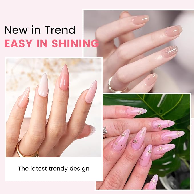 Jelly Gel Nail Polish Kit with U V Light, Hema-Free Milky Nude Sheer White Pink Gliter Gel Polish Set with Base & Top Coat Chrome Nail Powder, 4 Colors Mini Salon Nail Art Starter Gift for Women Girl-BrightBean Baby