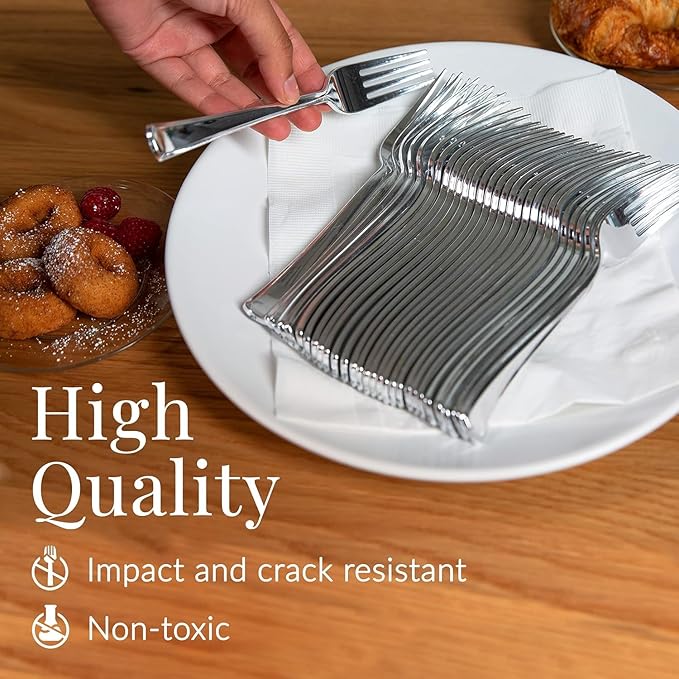 Prestee 300 Plastic Forks Heavy-Duty, Heavyweight Silverware Forks, Fancy Plastic Cutlery, Elegant Disposable Fork Pack, Bulk Disposable Flatware, Silver Fork for Christmas Holiday (Silver)