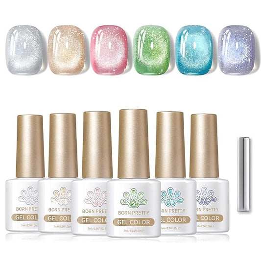 Born Pretty Magnetic Gel Nail Polish Pastel Cat Magnetic Eye Gel Polish Glitter Shimmer Auroras Magnetic Gel Nail Art Manicure Kit 6PCS-BrightBean Baby