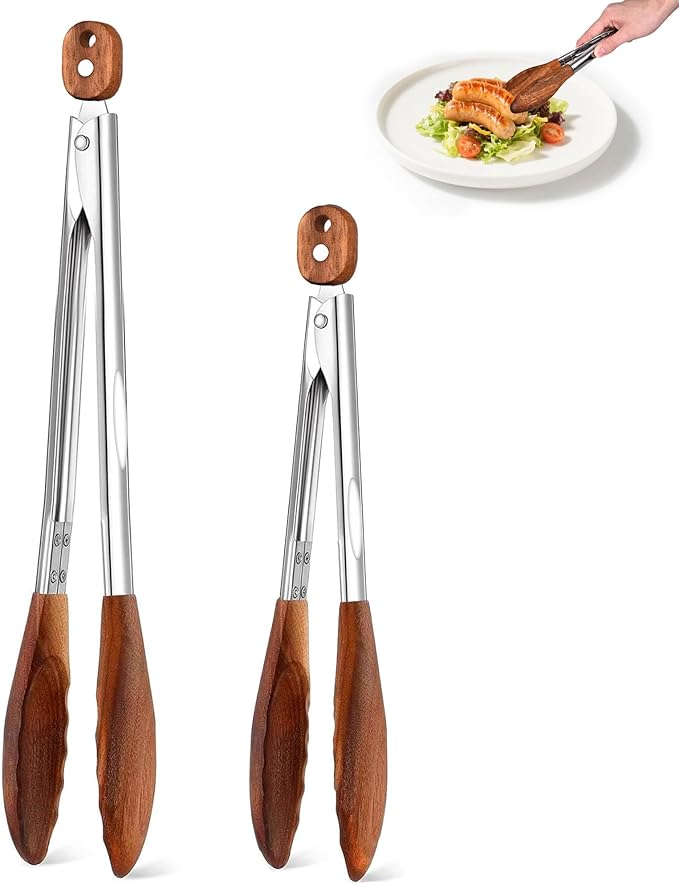 Wooden Tongs for Cooking Set of 2 (9" and 12") Natural Walnut Wooden kitchen Tongs for Grilling, Serving, BBQ and Tossing Salad etc | Ergonomic Stainless Steel Non-Slip Grip, Heat Resistant, Pull Lock