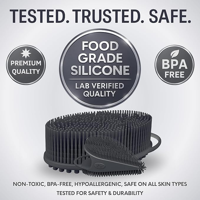 Avilana Silicone Body Scrubber – Gentle Shower Brush & Loofah Alternative- Food Grade & Lab Tested – Fast-Drying, Hygienic, BPA-Free Silicone Body Gentle Exfoliator (Dark Gray, Body & Face)-BrightBean Baby