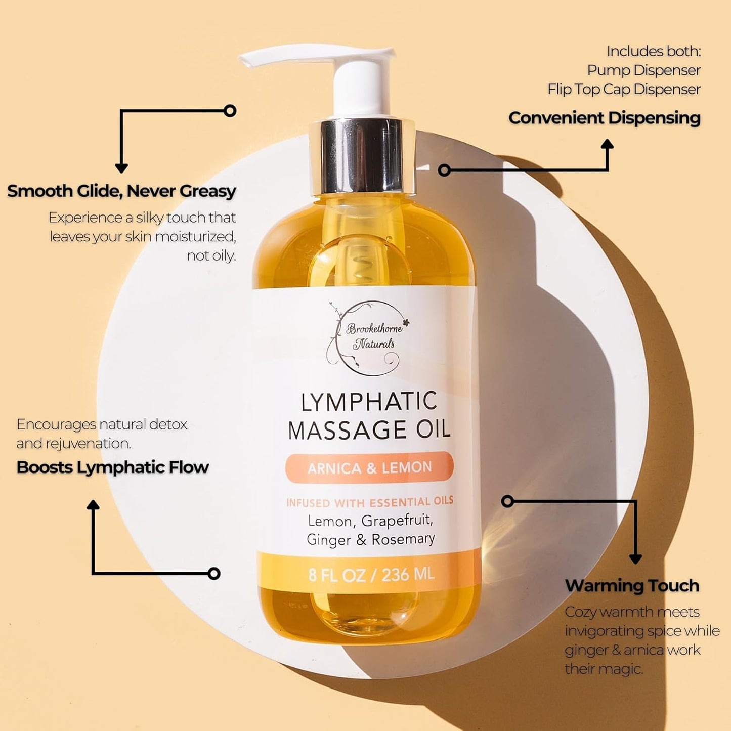 Lymphatic Massage Oil for Massage Therapy | 100% Natural Lymphatic Drainage Oil | Premium Quality with Arnica, Lemon & Ginger | for Post Surgery Recovery & Detox | 8oz by Brookethorne Naturals-BrightBean Baby