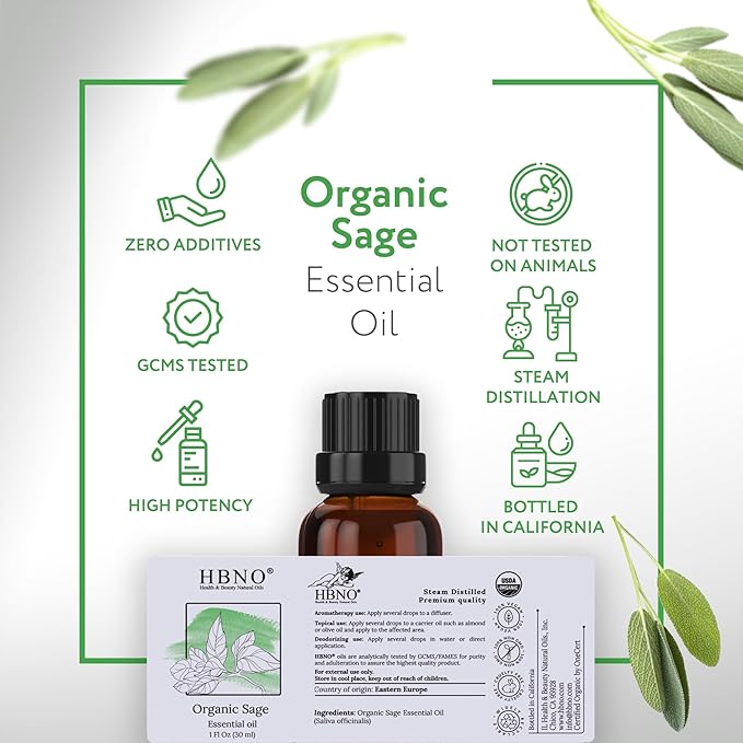 HBNO Organic Sage Essential Oil - 1 oz (30ml) - USDA Certified Organic Sage Essential Oil for Aromatherapy, Soap Making, DIY, Fragrances, Diffuser.-BrightBean Baby