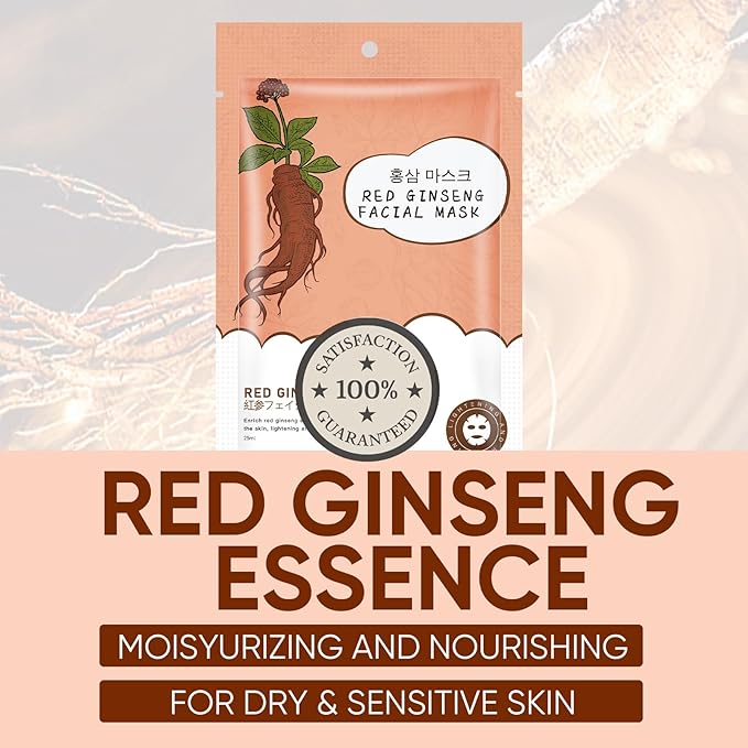 10Pack Sheet Face Masks Skincare for All Skin Types, Moisturizing Hydrating Face Masks Suitable for Sensitive Skin, Red Ginseng Face Masks for Wrinkles, Fine-Lines, Firmness and Elasticity-BrightBean Baby