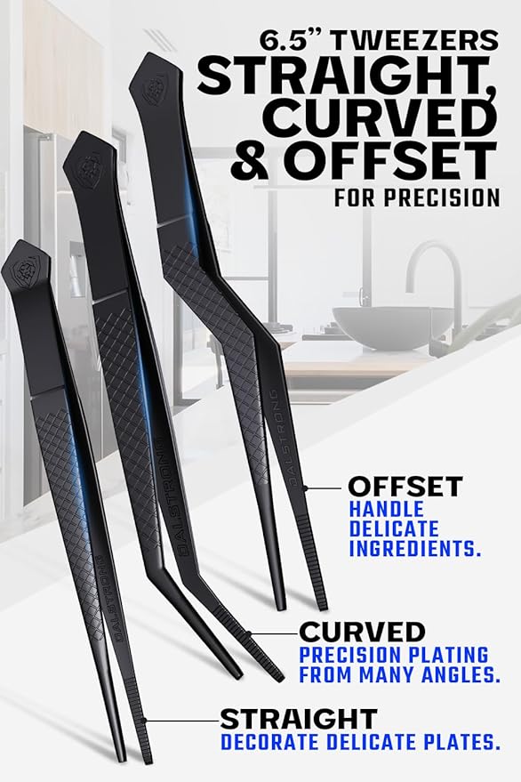 DALSTRONG Professional Food Tweezers-5 Piece Set- High-Precision Tweezer Tongs - Black Titanium Coating - Plating, Culinary Fine Use -304 Stainless Steel- Metal Kitchen Tongs