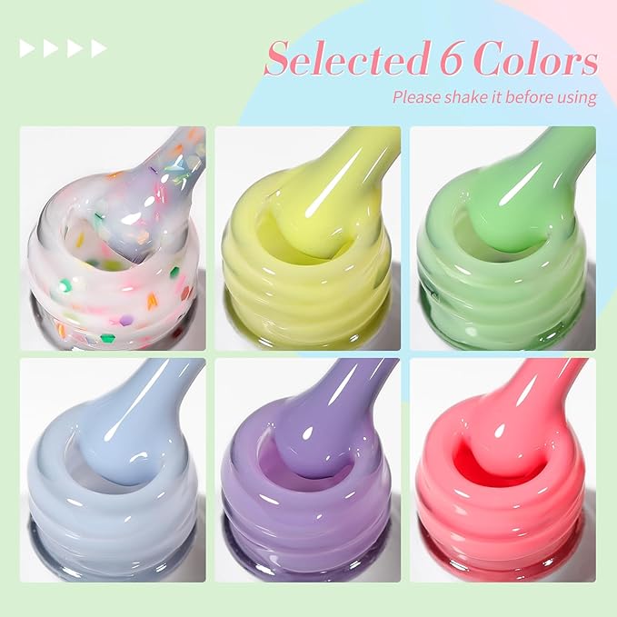 Born Pretty Jelly Pastel Gel Nail Polish 6 Colors Spring Summer Yellow Green Blue Purple Pink Candy Sweet Colors Apex Building Effect Gel Polish Kit Nail Art Gel Manicure Kit DIY at Home Salon Gifts-BrightBean Baby