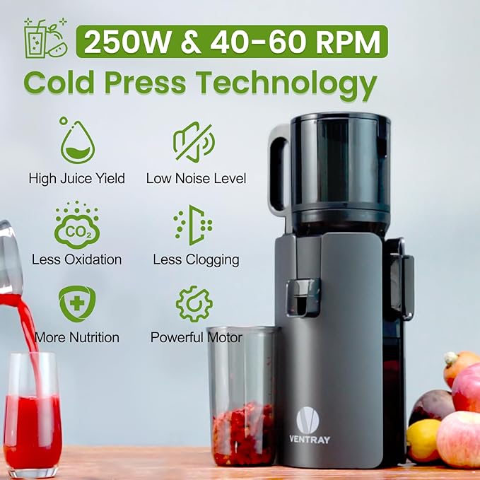Cold Press Juicer, Juicer Machines with 4.7" Wide Feed Chute for Juice Extractor, Slow Masticating Juicer for Whole Vegetables & Fruits, High Juice Yield, Easy to Clean (Black)
