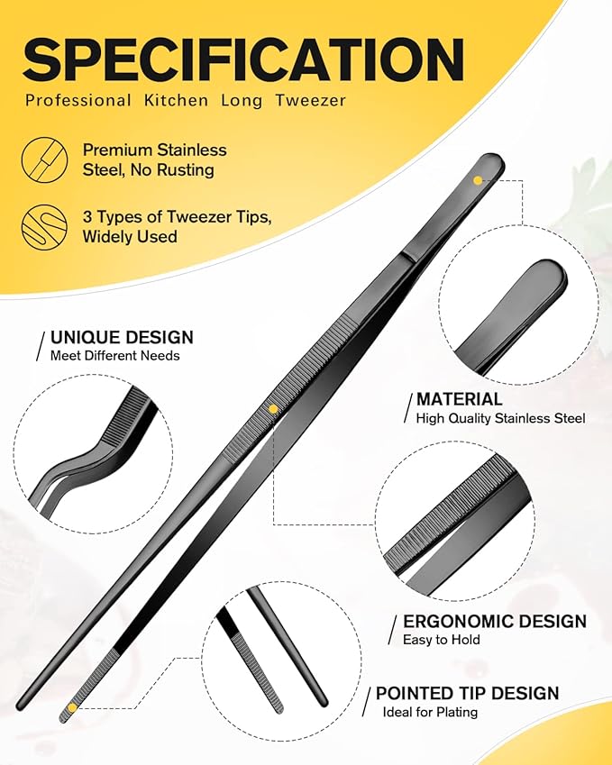 Fine Cooking Tweezers Set, Professional Stainless Steel Food Tongs, Kitchen Black Long Chef Tweezer for Cooking, Plating, Decorating and BBQ (BLACK, 10 inch)