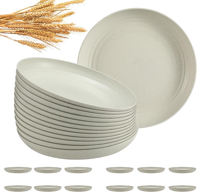 12 Pcs Unbreakable Deep Dinner Plates Set, 9 inch Reusable Plastic Wheat Straw Plates, Microwave and Dishwasher Safe Plate for Kitchen, Lightweight Plate for Dessert, BPA Free, Beige