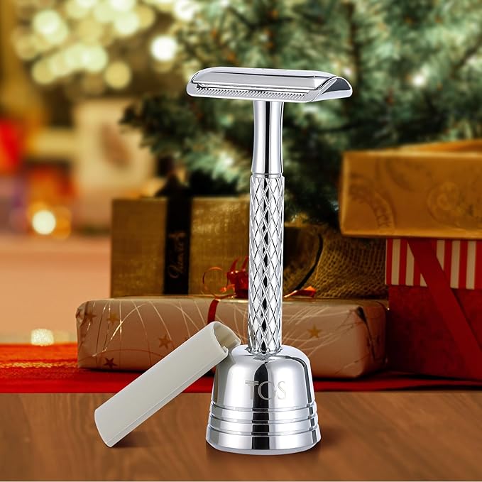Double Edge Safety Razor for Men with Stand and Silicone Cover - Durable Metal Eco-Friendly Single Blade Safety Razor with 10 Blades- Closed Smooth Shave (Silver)-BrightBean Baby