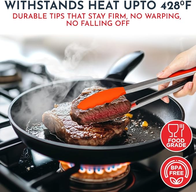 Kitchen Tongs for Cooking with Silicone Tips, Heat Resistant Tongs for Serving Food, 7-Inch, 9-Inch, 12-Inch Locking Silicone Tong, Set of 3 Salad Tong, Orange Kitchen Utensils