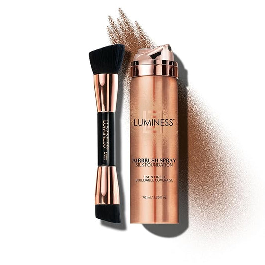 LUMINESS Silk Airbrush Spray Foundation & Buffing Brush Kit – Full Coverage Foundation & Dual-Sided Buffing Brush - Buildable Coverage, Anti-Aging Formula Hydrates & Moisturizes (Shade - Deep Rich)-BrightBean Baby