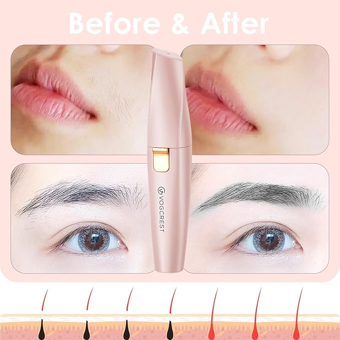 Eyebrow Facial Trimmer: 2 in1 Rechargeable Facial Hair Removal and Eyebrow Shaver - Face Lips Body Painless Facial Razor with Built-in LED Light (Pink)-BrightBean Baby