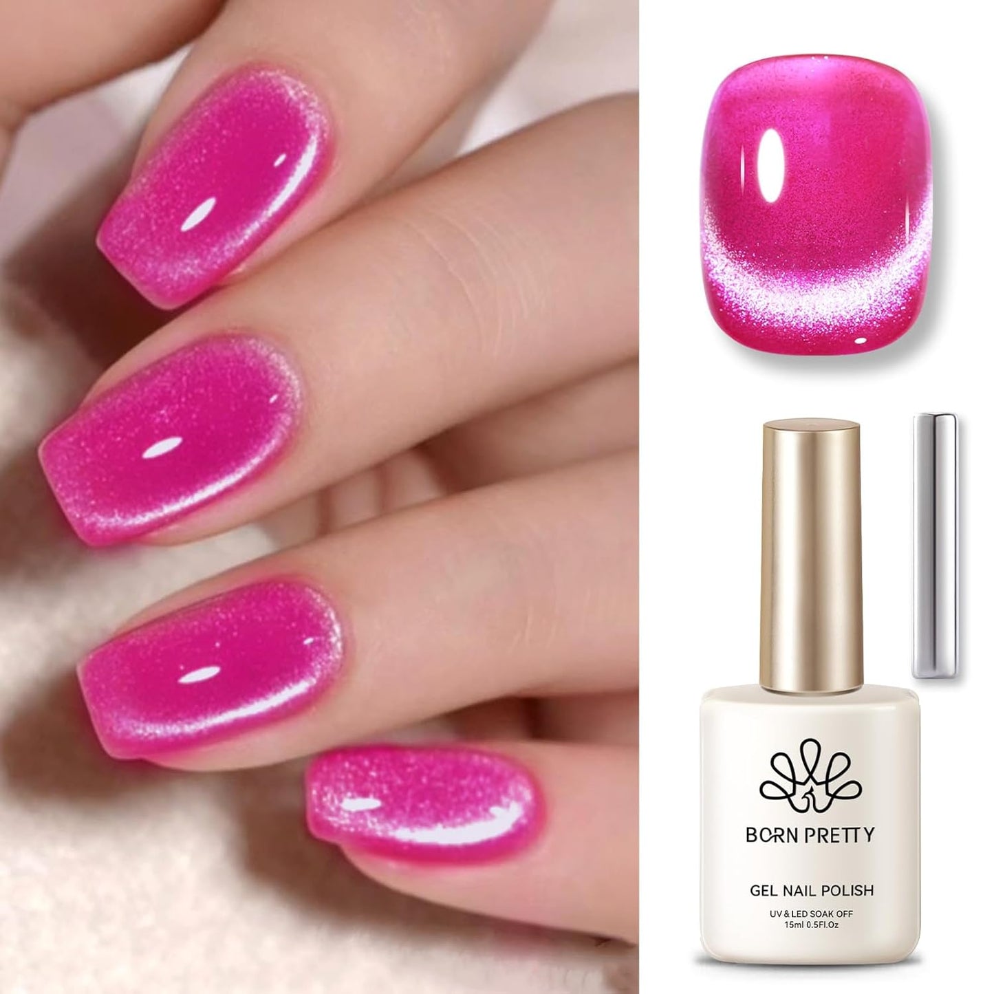 Born Pretty Magnetic Gel Nail Polish Hot Pink Cat Magnetic Eye Gel Polish Holographic Cats Shiny Glitter Nail Gel for Salon Home DIY Manicure Use-BrightBean Baby
