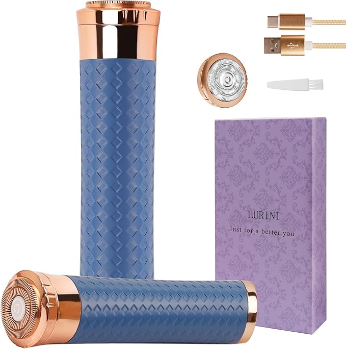 Facial Hair Remover for Women, Painless Rechargeable Hair Removal Device, Comes with 2 Replacement Heads, Portable Electric Shaver/Razors for Face, Chin, Upper Lip, arms and Peach Fuzz (Blue)-BrightBean Baby