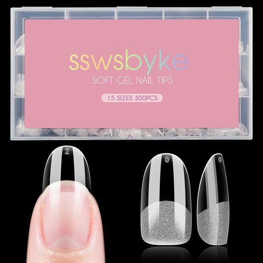 Medium Oval Nail Tips, SSWSBYKE 300pcs Soft Gel Nail Tips for Full Cover Pre-Shaped Acrylic Fake Nails Tips 15 Sizes Half Matte Press On Nails for Extension Home DIY Salon-BrightBean Baby