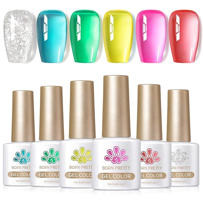 Born Pretty Jelly Gel Nail Polish Set Spring Summer Crystal Glass Translucent Pastel Sheer Gel Polish Pink Green Blue Red Yellow Silver Shiny Glitter Gel Nail Polish Nail Art Gel DIY Gift 6PCS-BrightBean Baby
