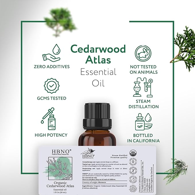 HBNO California Bottled Organic Cedarwood Essential Oil 1 fl oz (30ml) - USDA Certified Organic Cedarwood Essential Oil for Aromatherapy, Soap Making, DIY, Fragrances, Diffuser-BrightBean Baby