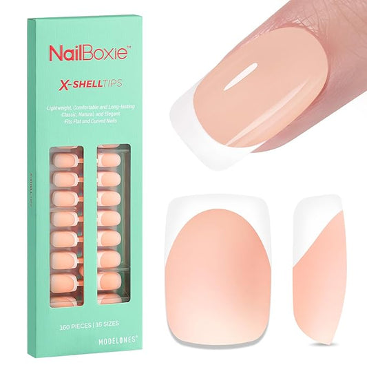 modelones French Tip Press on Nails, Short Square Fake Nails with Nail Box, Nude Gel Nail Tips for Women, Soft Glue-On Nails for Natural Salon Look, DIY Nail Art Kit-BrightBean Baby