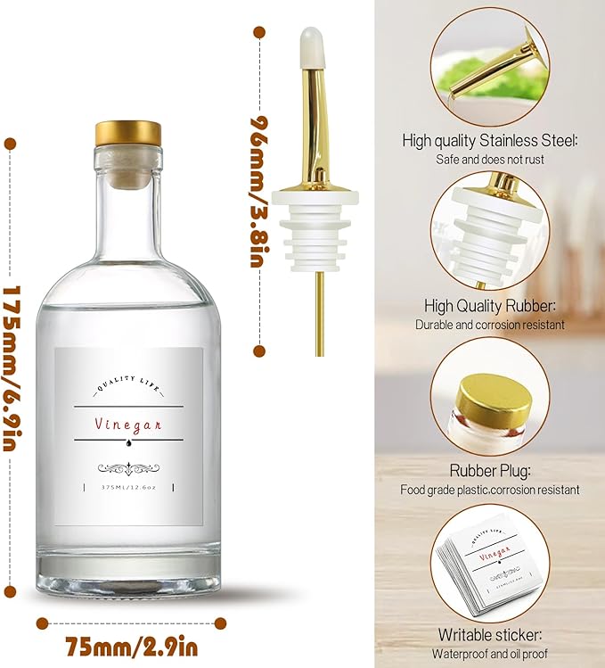 Olive Oil Dispenser Bottle for Kitchen, Clear Glass Oil and Vinegar Dispenser Set, Coffee Syrup Dispenser, Container With Metal Pour Spout, Airtight Lid, Funnel, Waterproof Labels (375ml-4 Pack)