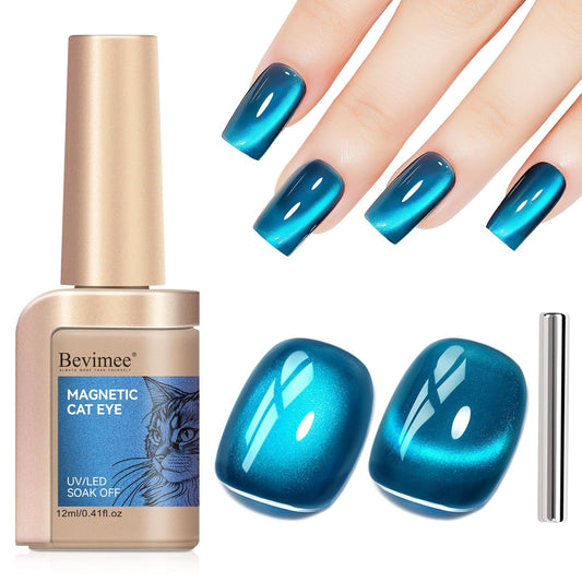 Cat Eye Gel Nail Polish, Sea Blue Jelly Glass Magnetic Nail Polish Magic Holographic Effect, Glitter UV Gel Sparkle Crystal Color for Nail Salon DIY At Home-BrightBean Baby