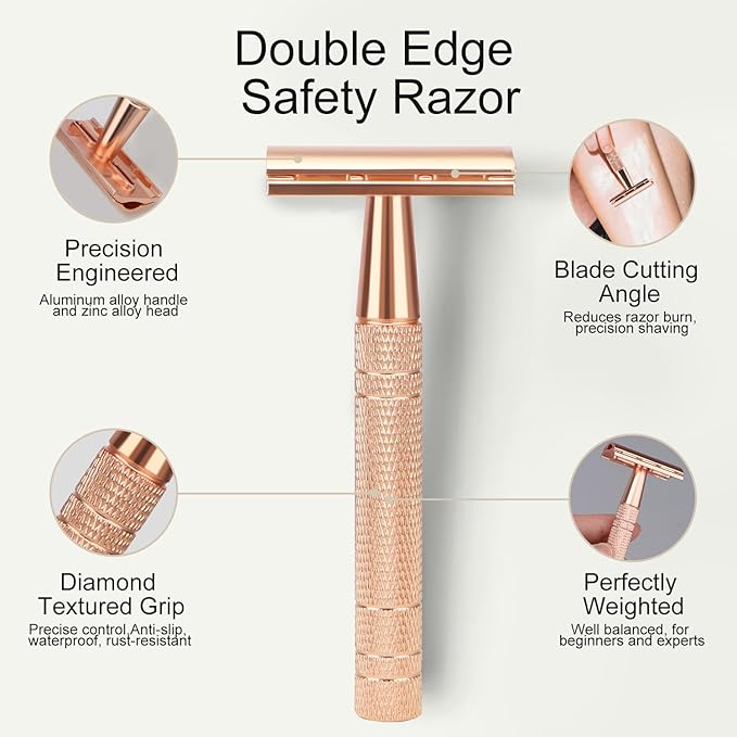 Matte Rose Gold Safety Razor, Single Blade Razors for Women, Reusable Metal Razor, with 10 Stainless Steel Double Edge Blades, Eco-friendly, Smooth & Close Shave, Plastic Free-BrightBean Baby