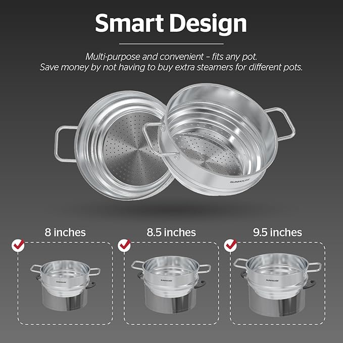 SUNHOUSE 5 Quart Stainless Steel Steamer Insert - Universal Fit Vegetable Steamer