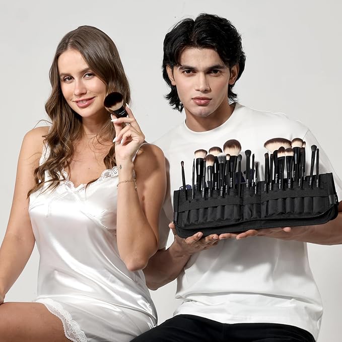 25 pcs Makeup Brush Set Holder Black Professional Kabuki Powder Concealers Eye shadows Blush Eyeliner Eyebrow Contour Eye blending Brushes (25pcs brush with holder)-BrightBean Baby