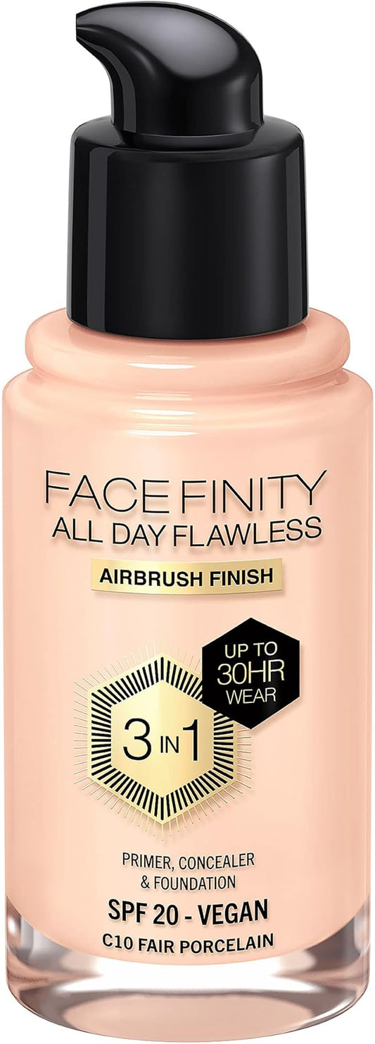 Max Factor Facefinity 3-in-1 All Day Flawless Liquid Foundation, SPF 20-10 Fair Porcelain, 30 ml-BrightBean Baby