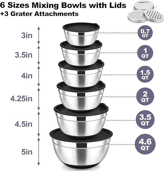TeamFar Mixing Bowls, 6 PCS Stainless Steel Nesting Salad Bowl with Lids & 3 Graters, For Kitchen Cooking Serving Prepping, Airtight & Non-Slip, Size 4.6/3.5/2/1.5/1/0.7 QT, Black