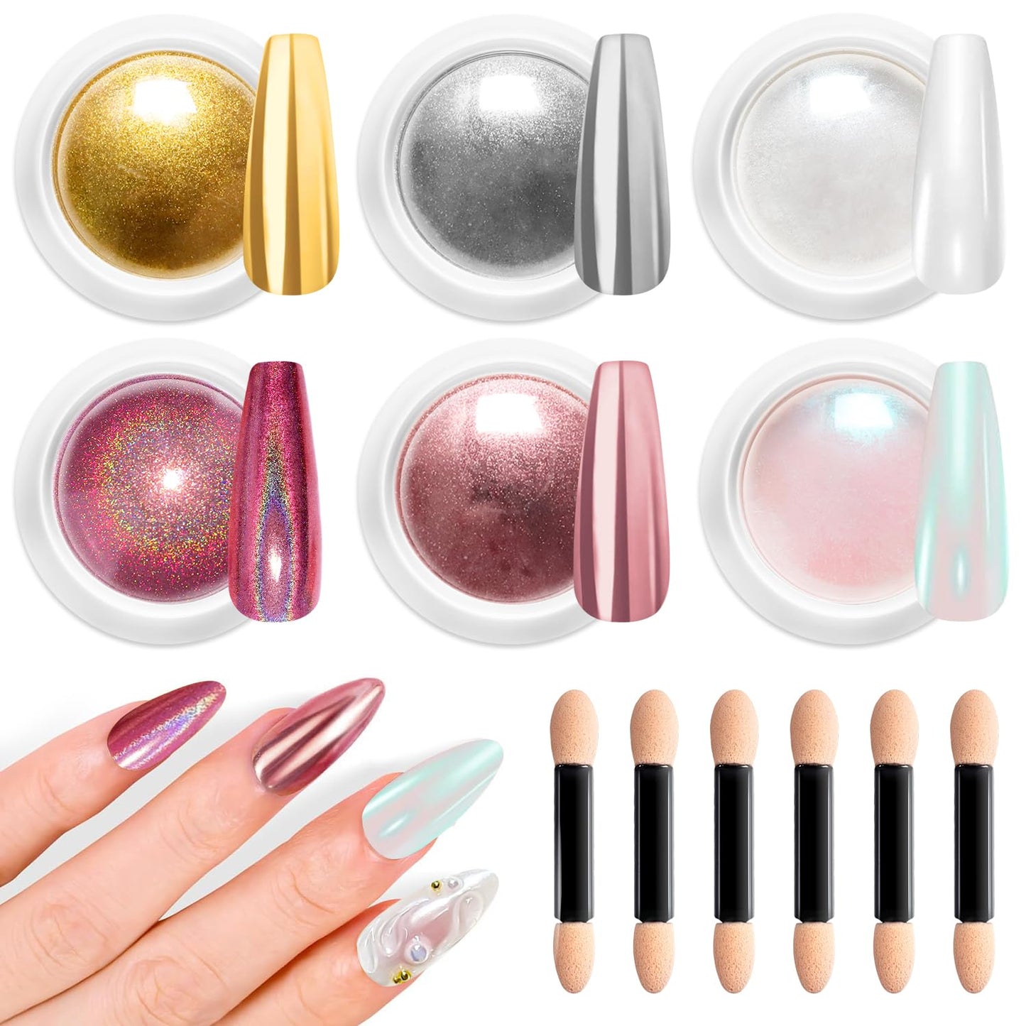 Mermaid Gold Chrome Nail Powder: 6 Colors Mirror Effec Green/Pearl Chrome Nail powder,Magic Mermaid Pink Chrome Nail Powder Pigment for Nail Art Design Home DIY（Laser/Silver）-BrightBean Baby
