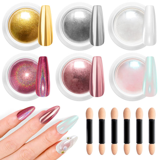 Mermaid Gold Chrome Nail Powder: 6 Colors Mirror Effec Green/Pearl Chrome Nail powder,Magic Mermaid Pink Chrome Nail Powder Pigment for Nail Art Design Home DIY（Laser/Silver）-BrightBean Baby