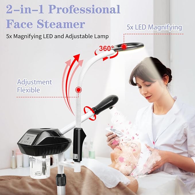 Professional Facial Steamer, 2 in 1 Face Steamer on Wheels, with 5X Magnifying Lamp, Facial Steamer with Time Setting, Stand Face Steamer Adjustable Height for Spa, Salon and at Home use-BrightBean Baby