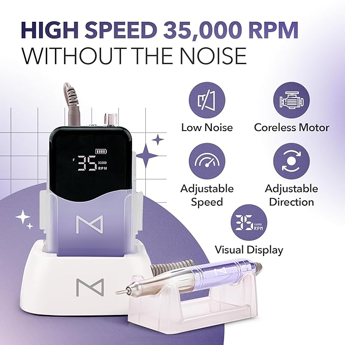 M Mase- Professional Nail Drill Machine - Coreless 2-in-1 Nail File - Electric, Cordless, 35000 RPM, HD Display - Electric Nail Drill for Professional & Home Use (Violet)-BrightBean Baby