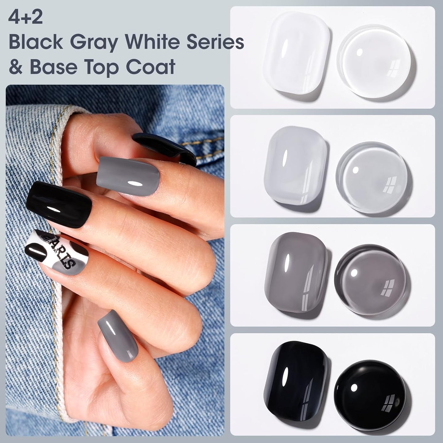 Gellen 4 Colors Black White Gray Nail Polish Set & Base Top Coat, Fall Winter Trendy Winter Black White Grey Regular Nail Polish Quick Air Dry Set for Women DIY Nails Home Salon, Hema Free, Toxin Free-BrightBean Baby